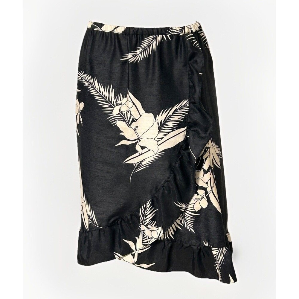 Vtg Asymmetrical Silk Skirt Floral Ruffled Hem Black Small Vacay Cruise Hawaiian